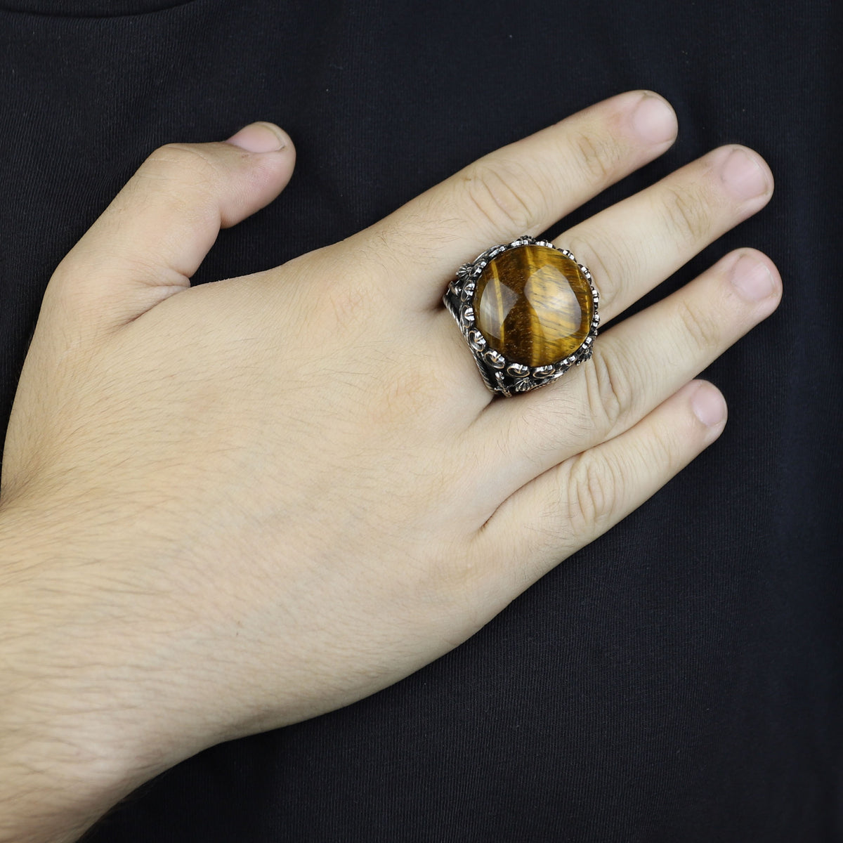 Tiger Eye Ring , Large Turkish Handmade Ring , Round Ottoman Mens Ring, Man Large Ring ,Signet Gemstone Ring
