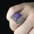Men Handmade Natural Square Amethyst Gemstone Ring
