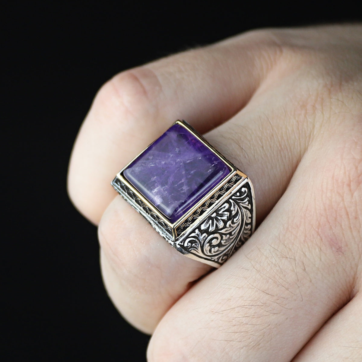 Men Handmade Natural Square Amethyst Gemstone Ring