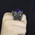 Men Silver Amethyst Ring, Sword Engraved Amethyst Ring, Round Turkish Handmade Silver Men Ring