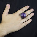 Men Silver Amethyst Ring, Sword Engraved Amethyst Ring, Round Turkish Handmade Silver Men Ring
