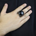 Men Silver Large Black Onyx Ring , Round Unique Mens Handmade Big Ring, Sword Men Sterling Silver Ring