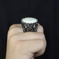 Mens Mother of Pearl Ring , Round Large Silver Ring , Sword Figured Silver Pearl Ring, 925K Sterling Silver