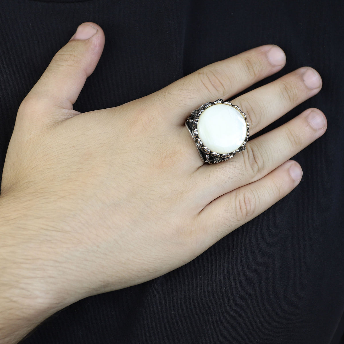 Mens Mother of Pearl Ring , Round Large Silver Ring , Sword Figured Silver Pearl Ring, 925K Sterling Silver