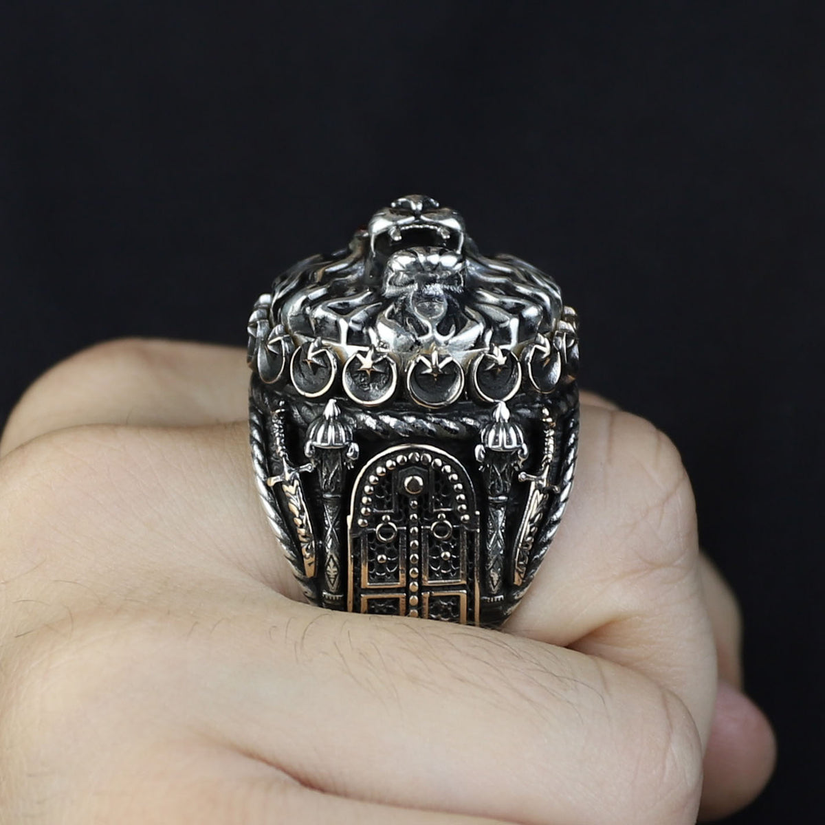 Silver Leon Head Ring, Ruby Eyes Leon Ring, Sword Figued Wild Lion Ring, Handmade Leon Animal Ring, Father Day Gift