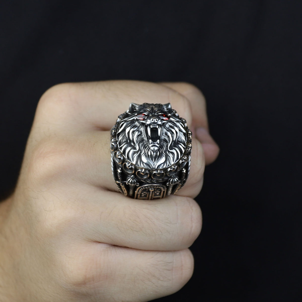 925 Silver Ruby Eyes Wolf Head Ring, Sword Signet Men Ring, Engraved Large Handmade Ring