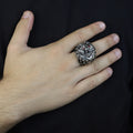 925 Silver Ruby Eyes Wolf Head Ring, Sword Signet Men Ring, Engraved Large Handmade Ring