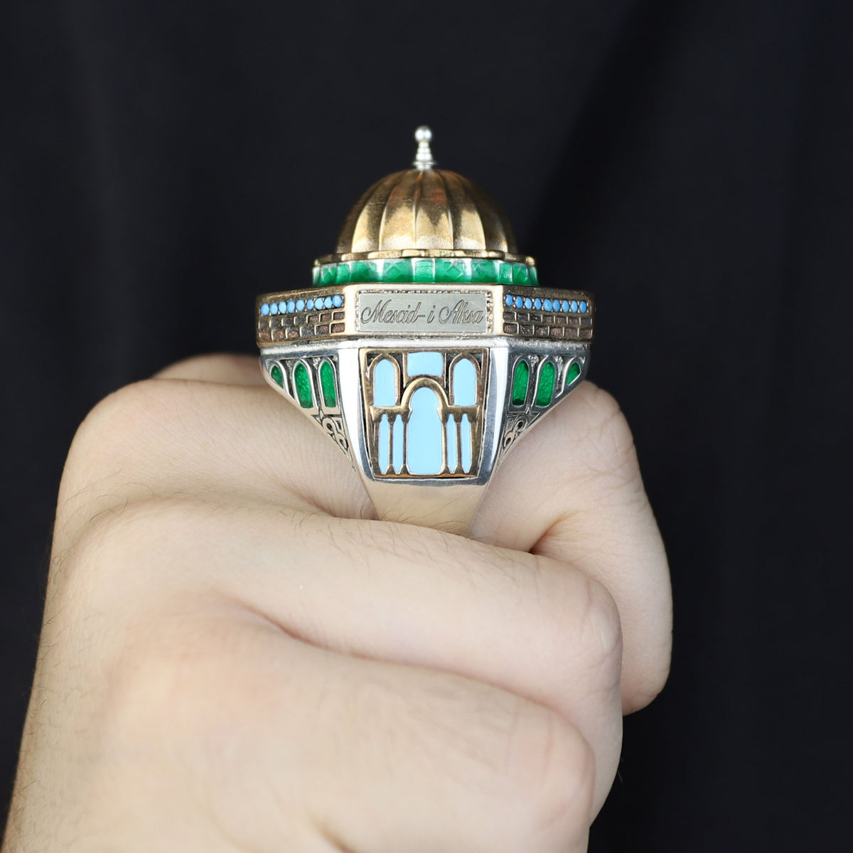 Silver Handmade Mosque Ring, Al-Aqsa Mosque ring , Men Unique Ring, Emerald Gemstone İslamıc Ring, Ottoman Style Handmade İslamic Gift