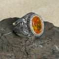 Men Handmade Engraved Yellow Citrine Gemstone Ottoman Style Solid Silver Ring