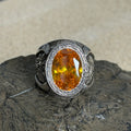 Men Handmade Engraved Yellow Citrine Gemstone Ottoman Style Solid Silver Ring