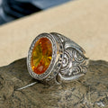 Men Handmade Engraved Yellow Citrine Gemstone Ottoman Style Solid Silver Ring