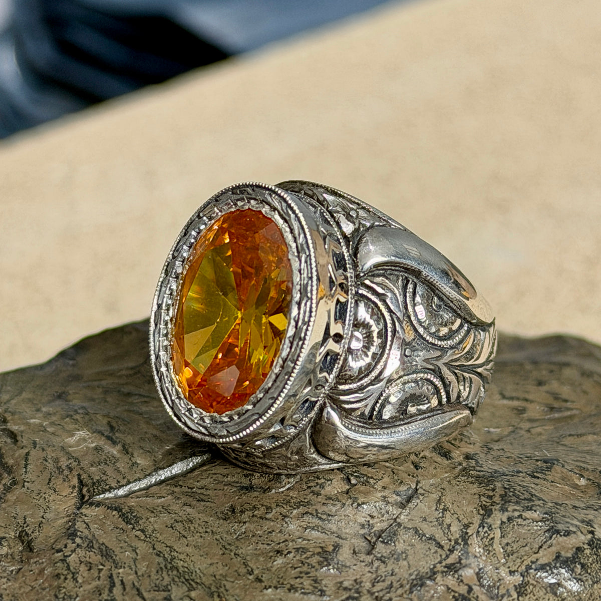 Men Handmade Engraved Yellow Citrine Gemstone Ottoman Style Solid Silver Ring