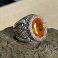 Men Handmade Engraved Yellow Citrine Gemstone Ottoman Style Solid Silver Ring