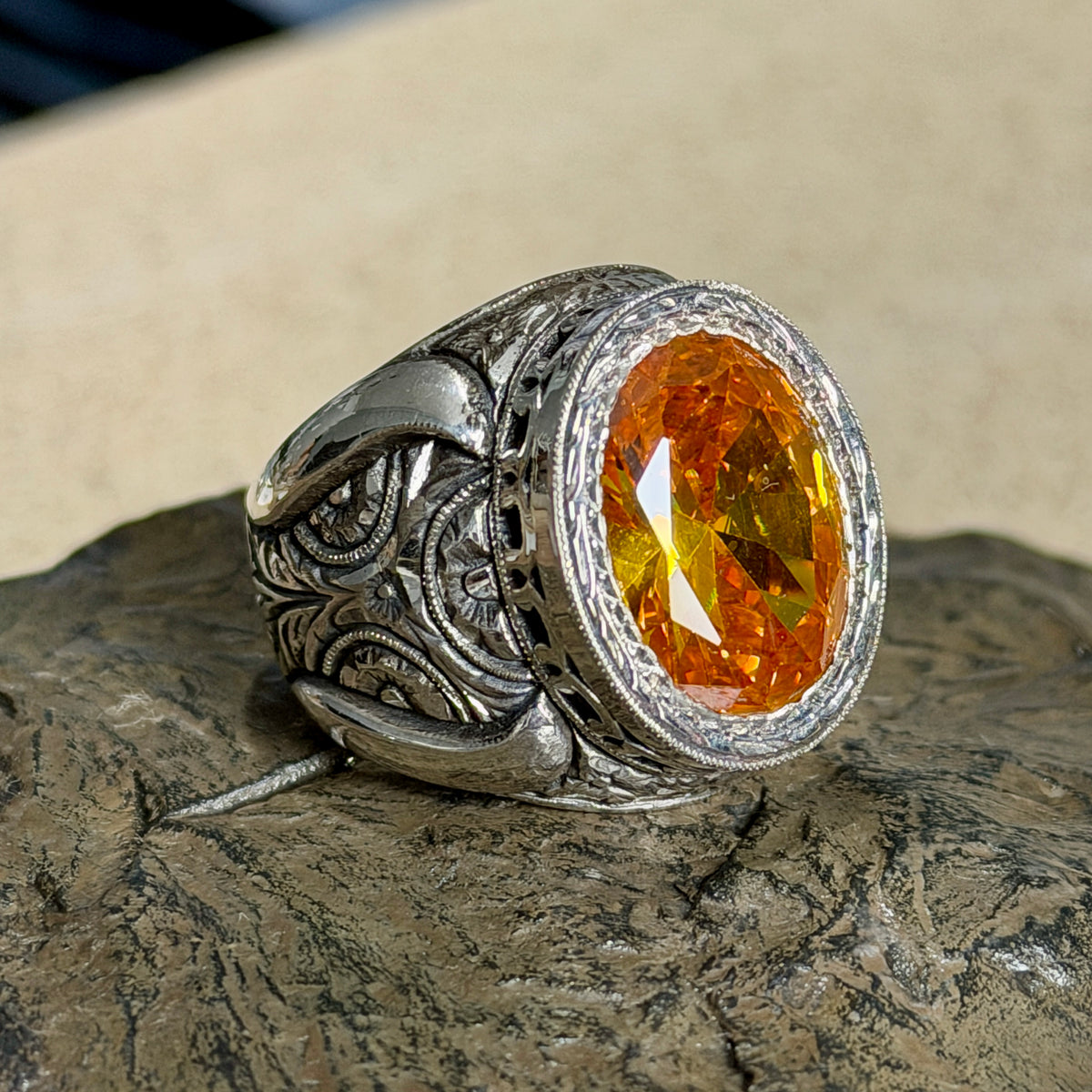 Men Handmade Engraved Yellow Citrine Gemstone Ottoman Style Solid Silver Ring
