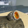 Men Handmade Engraved Yellow Citrine Gemstone Ottoman Style Solid Silver Ring