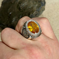 Men Handmade Engraved Yellow Citrine Gemstone Ottoman Style Solid Silver Ring