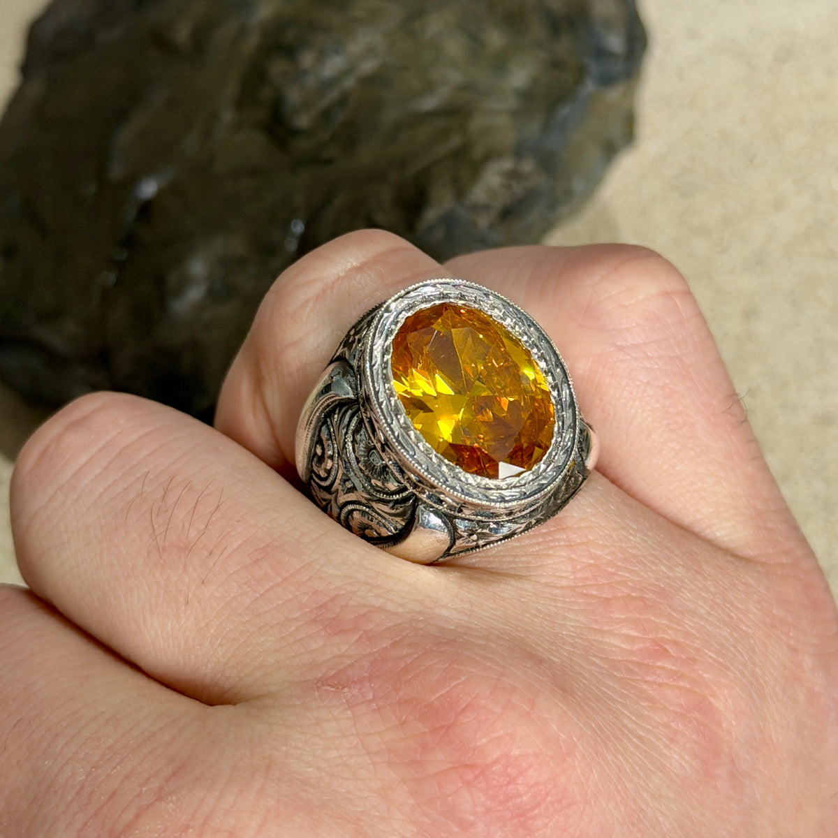 Men Handmade Engraved Yellow Citrine Gemstone Ottoman Style Solid Silver Ring