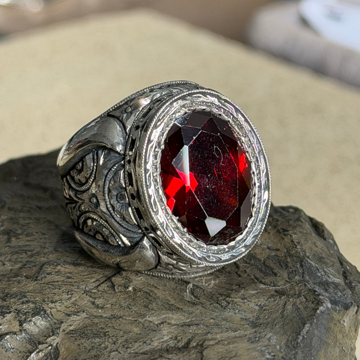 Men Handmade Red Ruby Gemstone Engraved Silver Ring