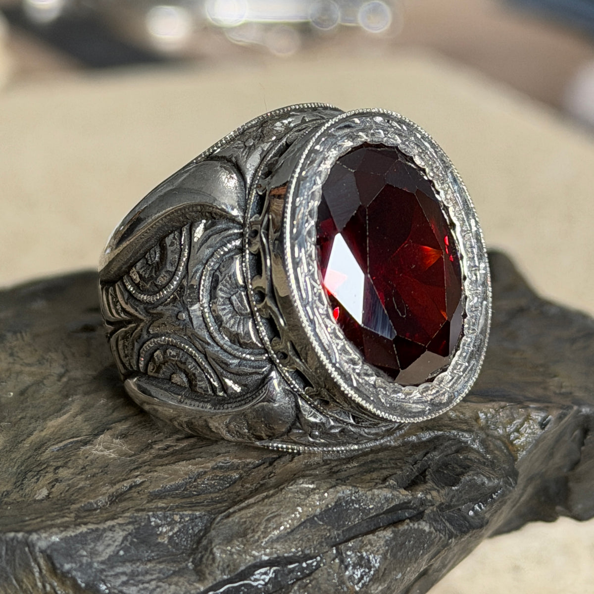 Men Handmade Red Ruby Gemstone Engraved Silver Ring