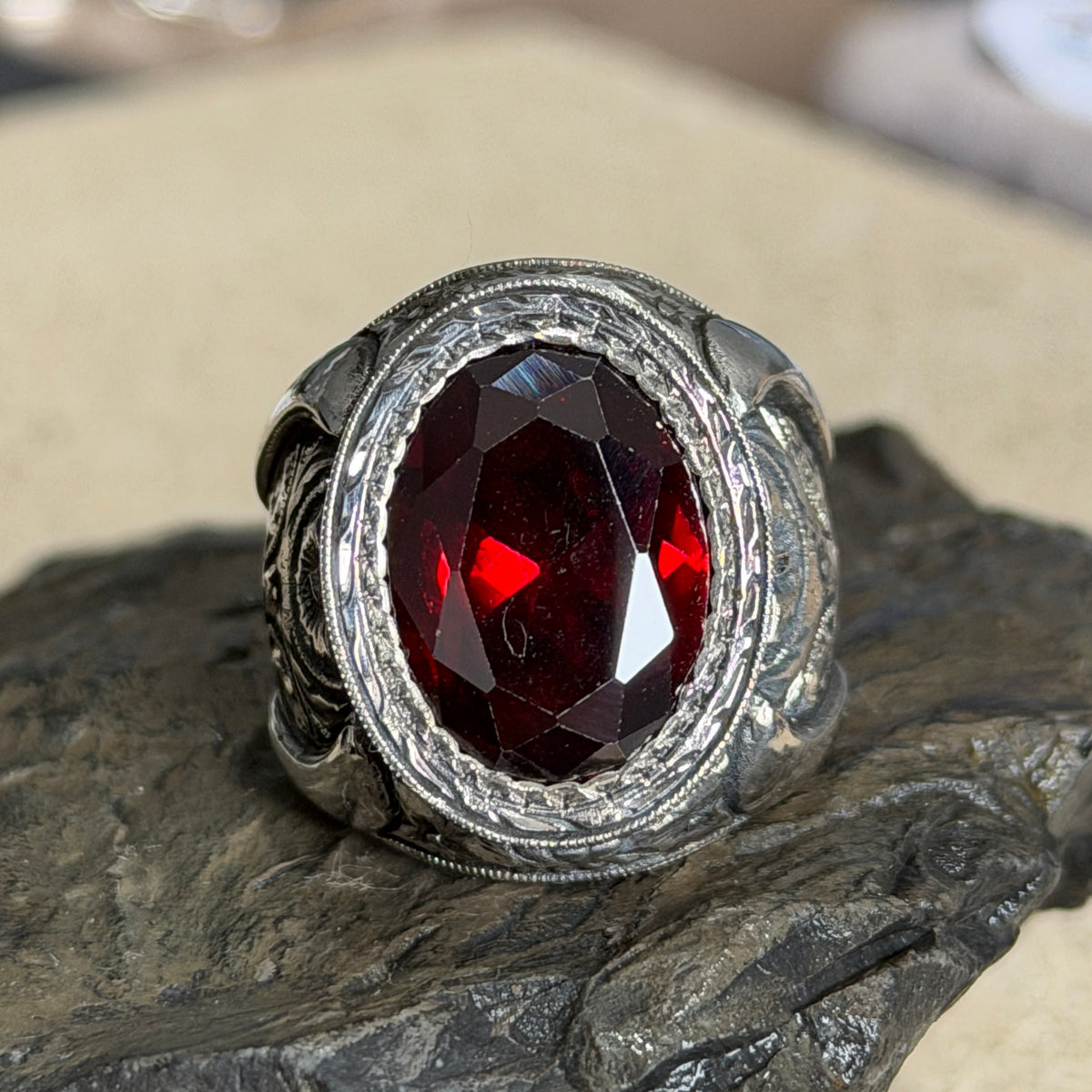 Men Handmade Red Ruby Gemstone Engraved Silver Ring