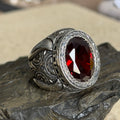 Men Handmade Red Ruby Gemstone Engraved Silver Ring