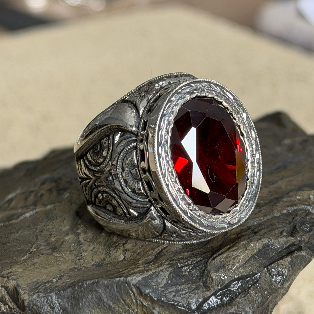 Men Handmade Red Ruby Gemstone Engraved Silver Ring