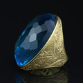 18K Gold Large Aquamarine Men Ring, Handmade Engraved Vintage Ring, Turkish Handmade Blue Gemstone Ring