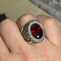 Men Handmade Red Ruby Gemstone Engraved Silver Ring
