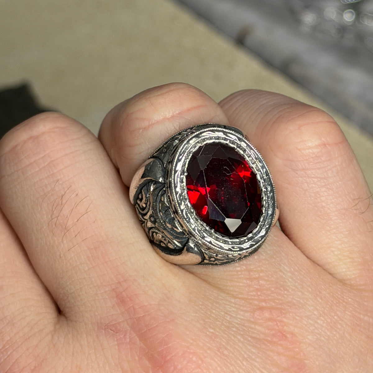 Men Handmade Red Ruby Gemstone Engraved Silver Ring