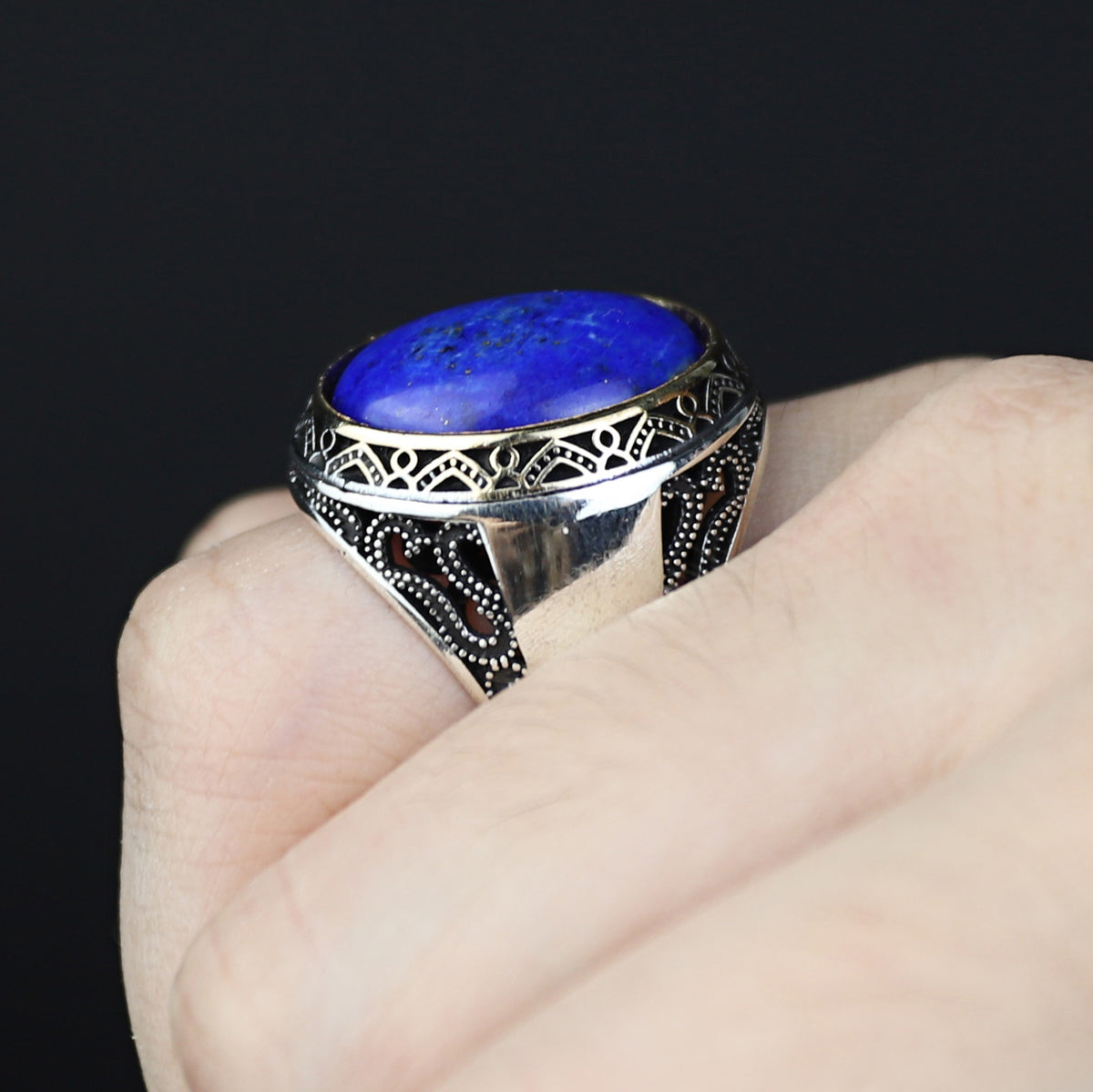 925 Solid Silver Men Oval Natural Lapis Lazuli Ottoman Style Ring