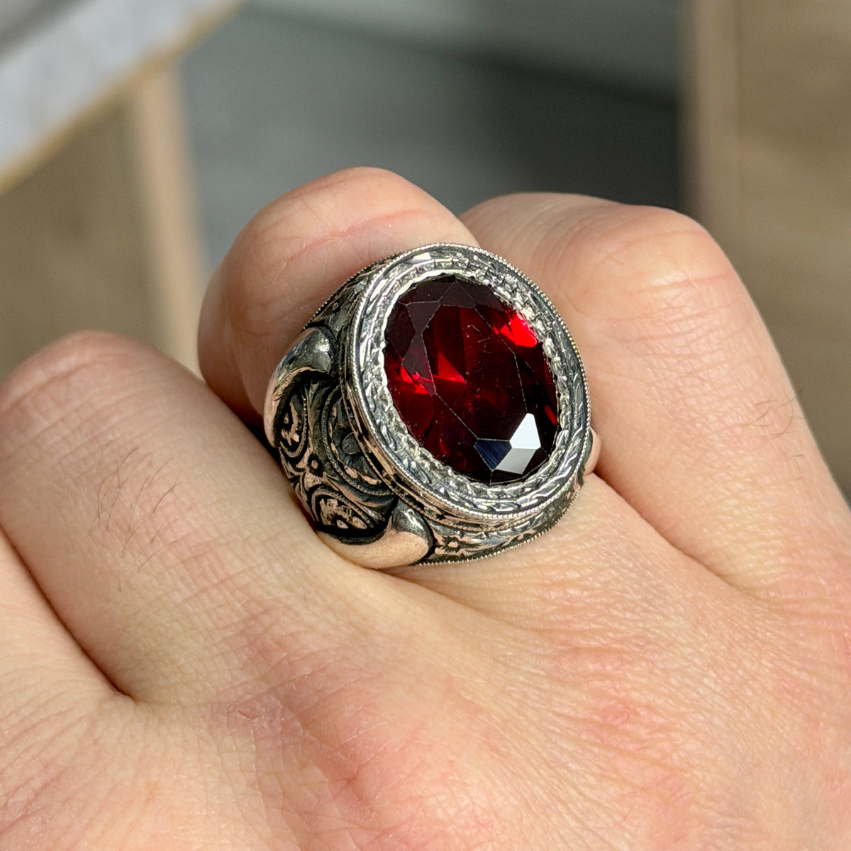 Men Handmade Red Ruby Gemstone Engraved Silver Ring