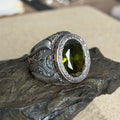 925 Solid Silver Peridot Gemstone Ottoman Style Engraved Ring