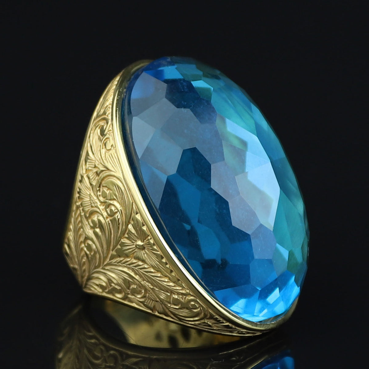 18K Gold Large Aquamarine Men Ring, Handmade Engraved Vintage Ring, Turkish Handmade Blue Gemstone Ring