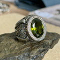 925 Solid Silver Peridot Gemstone Ottoman Style Engraved Ring