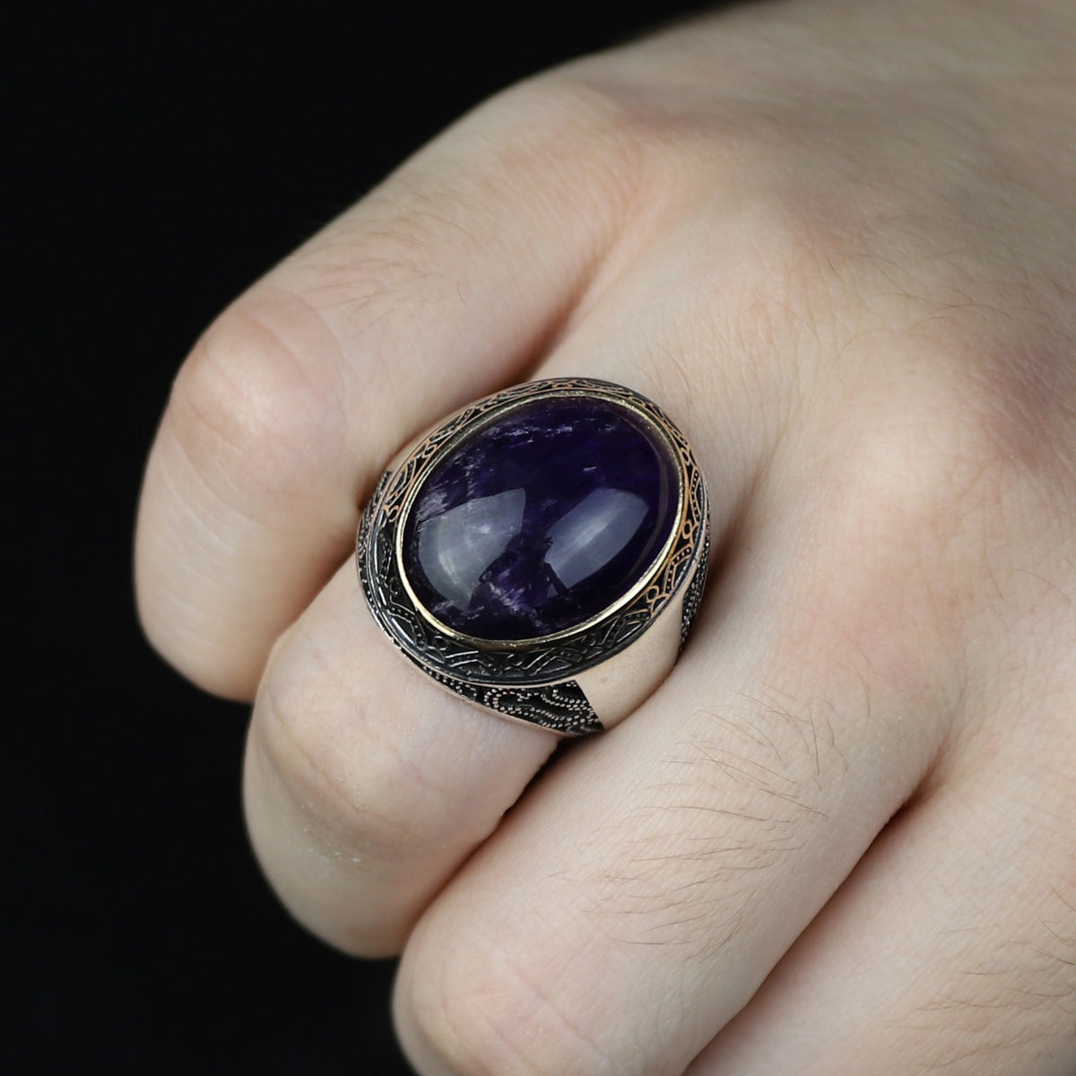 Men Handmade Oval Natural Amethyst Gemstone Handmade Ring