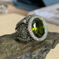 925 Solid Silver Peridot Gemstone Ottoman Style Engraved Ring