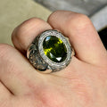 925 Solid Silver Peridot Gemstone Ottoman Style Engraved Ring