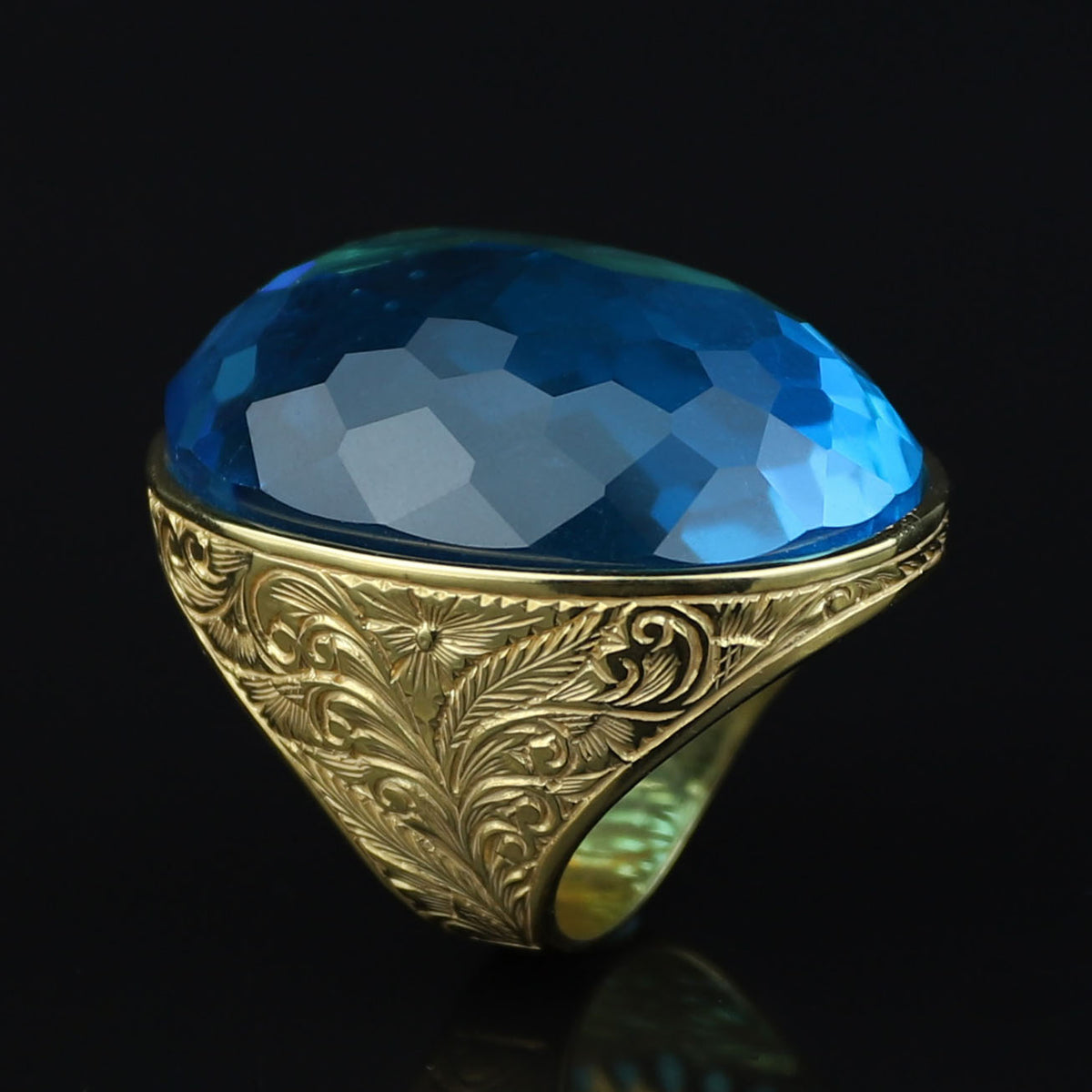 18K Gold Large Aquamarine Men Ring, Handmade Engraved Vintage Ring, Turkish Handmade Blue Gemstone Ring