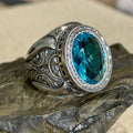 Men Handmade Blue Aquamarine Gemstone Engraved 925 Silver Ring