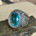 Men Handmade Blue Aquamarine Gemstone Engraved 925 Silver Ring