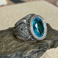 Men Handmade Blue Aquamarine Gemstone Engraved 925 Silver Ring