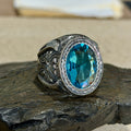 Men Handmade Blue Aquamarine Gemstone Engraved 925 Silver Ring