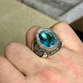 Men Handmade Blue Aquamarine Gemstone Engraved 925 Silver Ring