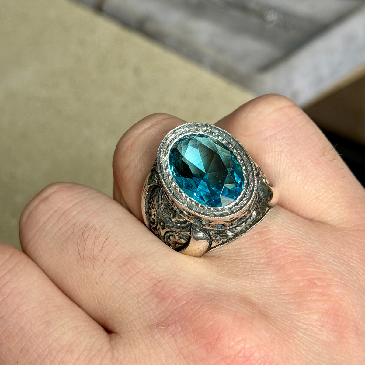Men Handmade Blue Aquamarine Gemstone Engraved 925 Silver Ring