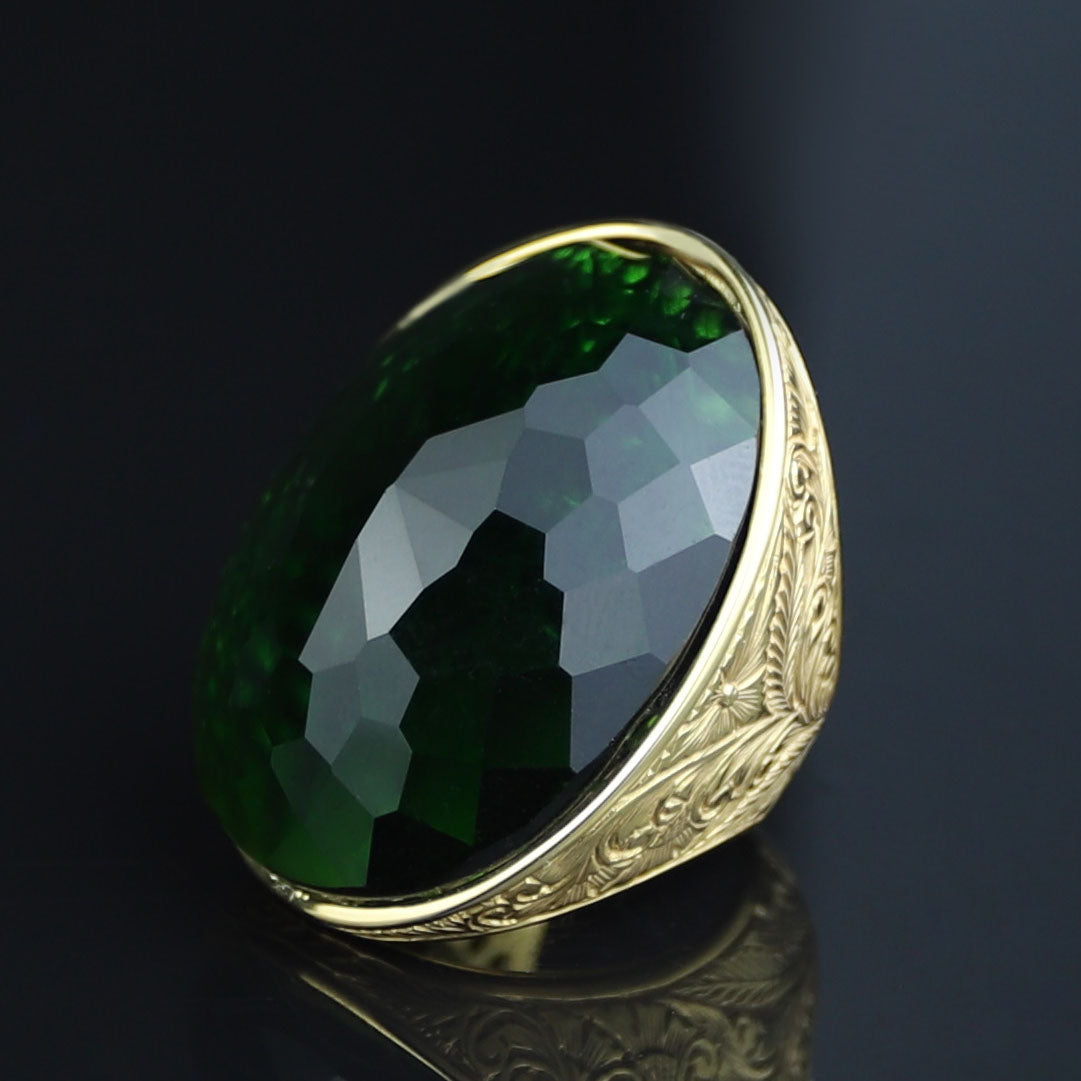 Gold Engraved Large Emerald Ring , Men Hand- Engraved Ring, Vintage Ottoman Ring, Men Green Stone Ring, 925k Sterling Silver Ring