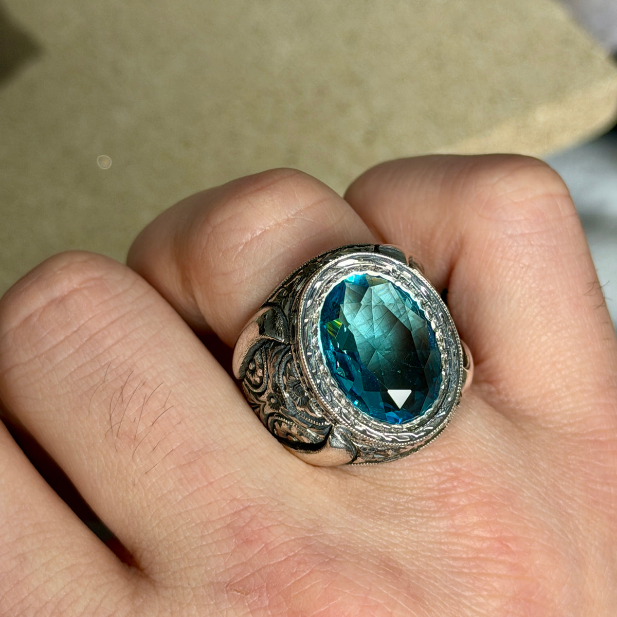 Men Handmade Blue Aquamarine Gemstone Engraved 925 Silver Ring