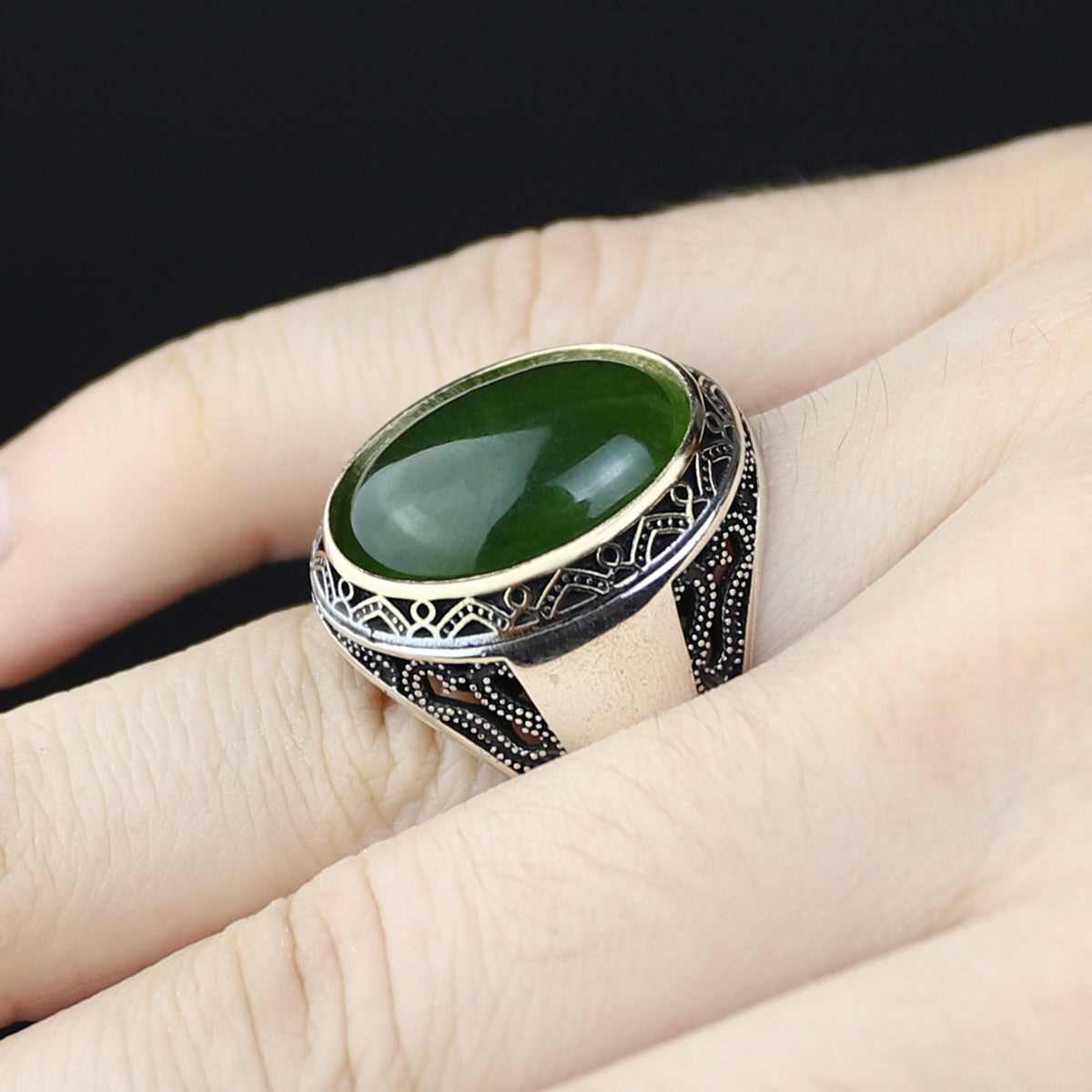 925 Silver Men Turkish Handmade Natural Canadian Green Jade Stone Ring