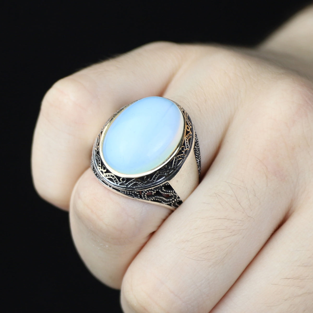 Men Handmade Natural Oval Moonstone Gemstone Turkish Ring