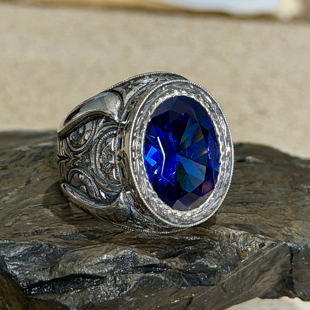 Men Handmade 925 Silver Blue Sapphire Gemstone Ring