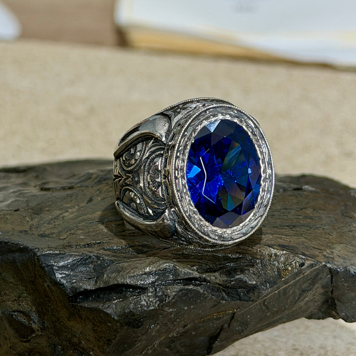 Men Handmade 925 Silver Blue Sapphire Gemstone Ring